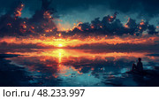 A person sits quietly by the shore, watching a breathtaking sunset with vivid colors illuminating the ocean and creating stunning reflections in the water. Стоковое AI-изображение, AI-художник Данила Большаков / Фотобанк Лори