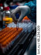 A laboratory technician carefully adds a blood sample to a tube in a well-organized lab, ensuring accuracy during evening analysis. Стоковое AI-изображение, AI-художник Данила Большаков / Фотобанк Лори