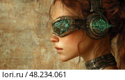 A woman with cybernetic enhancements and a high-tech headset contemplates thoughtfully against a textured, ancient-looking wall, blending past and future. Стоковое AI-изображение, AI-художник Данила Большаков / Фотобанк Лори