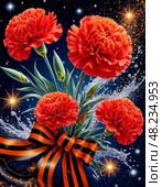 May 9 - Victory Day. St. George's ribbon and bright red carnations. Стоковое AI-изображение, AI-художник Сергей Елизарьев / Фотобанк Лори
