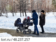 Женщины с детской коляской для двойни гуляют в парке. Город Тюмень (2018 год). Редакционное фото, фотограф Александр Тараканов / Фотобанк Лори