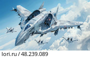 A squadron of futuristic fighter jets fly through white clouds with a bright blue sky in the background. Стоковое AI-изображение, AI-художник Данила Большаков / Фотобанк Лори