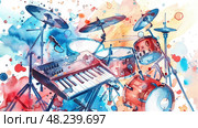 A Stunning Watercolor Painting Capturing the Intricate Details of a Drum Set and a Keyboard Side by Side. Стоковое AI-изображение, AI-художник Данила Большаков / Фотобанк Лори