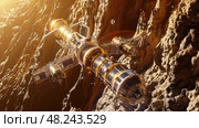 A golden spacecraft with solar panels maneuvers through a dense asteroid field. Стоковое AI-изображение, AI-художник Данила Большаков / Фотобанк Лори