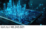 A digital city composed of blue lights is displayed on a smartphone screen. Стоковое AI-изображение, AI-художник Данила Большаков / Фотобанк Лори