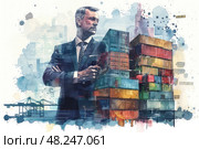 A businessman stands with his arms crossed, looking toward a stack of shipping containers at a busy port. Стоковое AI-изображение, AI-художник Данила Большаков / Фотобанк Лори