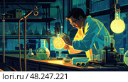 A scientist works late into the night in a laboratory, examining a glowing beaker. Стоковое AI-изображение, AI-художник Данила Большаков / Фотобанк Лори