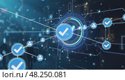 Blue and white check mark is displayed on a computer screen. Стоковое AI-видео, аниматор Sergey Grishin / Фотобанк Лори
