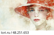 A close-up portrait of a woman wearing a red hat with her face partially obscured. Стоковое AI-изображение, AI-художник Данила Большаков / Фотобанк Лори