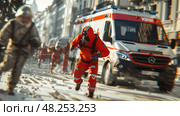 A person in a red hazmat suit runs past a parked ambulance. Стоковое AI-изображение, AI-художник Данила Большаков / Фотобанк Лори