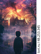 A young boy stands before an imposing, old mansion at dusk, looking toward the house. Стоковое AI-изображение, AI-художник Данила Большаков / Фотобанк Лори