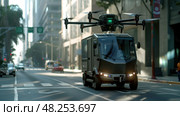 A delivery truck drives on a city street with a drone flying above it. Стоковое AI-изображение, AI-художник Данила Большаков / Фотобанк Лори