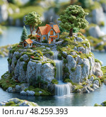 Isometric Floating Island, Fantasy Miniature World with Waterfall, Tree and Cozy House. Изометрический плавучий остров, фантастический миниатюрный мир с водопадом, деревом и уютным домиком. Стоковое AI-изображение, AI-художник Katsiaryna Repich / Фотобанк Лори