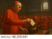 Caucasian elderly male cardinals voting in vatican conclave gathering. Стоковое AI-изображение, AI-художник Башкирова Анна / Фотобанк Лори