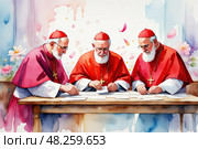 Three elderly caucasian male clergy in red robes engaged in study at table. Стоковое AI-изображение, AI-художник Башкирова Анна / Фотобанк Лори