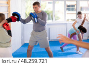 Focused girl hitting the focus mitts held by his boxing trainer in gym. Стоковое фото, фотограф Яков Филимонов / Фотобанк Лори