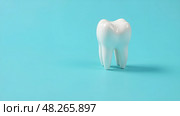 3d Realistic Tooth. Dental Inspection Banner, Plackard. Tooth Icon Closeup on Blue Background. Medical, Dentist Design Template. Dental Health Concept. Стоковое AI-изображение, AI-художник Роготнева Виктория / Фотобанк Лори