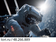 An astronaut on a spacewalk outside the Space Station. Стоковое AI-изображение, AI-художник Алексей Кузнецов / Фотобанк Лори