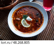 Traditional Russian meat soup Solyanka with sour cream and lemon. Стоковое фото, фотограф Яков Филимонов / Фотобанк Лори