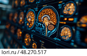 Various MRI brain scans are showcased on a digital monitor, illustrating intricate details of the brain's structure in a medical setting. Стоковое AI-изображение, AI-художник Данила Большаков / Фотобанк Лори