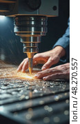 A close-up of a worker's hands operating a CNC machine, metal shavings scattering as the machine carves a precise design under control of operator. Стоковое AI-видео, аниматор Sergey Grishin / Фотобанк Лори