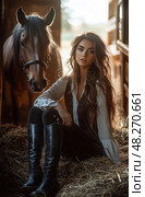 A woman sits in a hay-filled stall with a horse. Стоковое AI-изображение, AI-художник Ярославский Максим / Фотобанк Лори