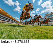 A horse race with a jockey in a yellow helmet. Стоковое AI-изображение, AI-художник Ярославский Максим / Фотобанк Лори