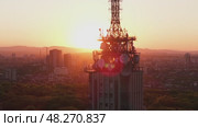 Cinematic Aerial View of Sofia Bulgaria at Sunset TV Tower and Green City Parks in Golden Light. Стоковое видео, видеограф Mihail Mihaylov / Фотобанк Лори
