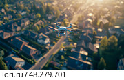 Drone delivery concept: Autonomous aerial vehicle shipping package over suburban houses. Стоковое AI-изображение, AI-художник Данила Большаков / Фотобанк Лори