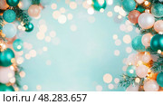 Holiday cheer: Christmas ornaments and twinkling lights forming a festive frame, winter solstice decoration. Стоковое AI-изображение, AI-художник Данила Большаков / Фотобанк Лори
