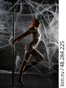 Red-clad woman entangled in a net trap amidst a dark, web-like backdrop. Стоковое фото, фотограф Гурьянов Андрей / Фотобанк Лори