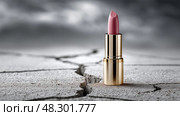 Luxury Lipstick on Cracked Concrete, Elegance Defying Harshness in Soft Spotlight. Роскошная помада на потрескавшемся бетоне, элегантность, бросающая вызов суровости, в мягком свете прожекторов. Стоковое AI-изображение, AI-художник Katsiaryna Repich / Фотобанк Лори