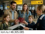 Путешествующая семья на регистрации в аэропорту перед вылетом. Стоковое AI-изображение, AI-художник Сергей Никифоров-Гордеев / Фотобанк Лори
