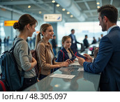 Регистрация семьи в аэропорту перед полетом в ожидании приключения. Стоковое AI-изображение, AI-художник Сергей Никифоров-Гордеев / Фотобанк Лори