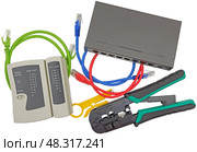 Роутер, кабельный тестер и соединительные кабели. Closeup of network cables connected to router on white. Стоковое фото, фотограф Татьяна Д / Фотобанк Лори