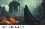 A dark figure draped in flowing fabric observes the destruction of ancient ruins engulfed in flames, surrounded by smoke and chaos in an eerie atmosphere. Стоковое AI-видео, аниматор Виктория Новохацкая / Фотобанк Лори