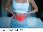 Menstrual pain, woman with stomachache suffering from pms, endometriosis, cystitis and other diseases of the urinary system. Стоковое AI-изображение, AI-художник Станислав Тарко / Фотобанк Лори