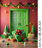 Enchanted Green Door: A Christmas Extravaganza. Generative AI. Стоковое AI-изображение, AI-художник Roman Zavorotny / Фотобанк Лори