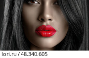 A woman with long black hair and red lipstick. Стоковое AI-изображение, AI-художник Ярославский Максим / Фотобанк Лори
