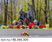 Ленинградская обл., Россия, 9 мая 2025 г.: Братское захоронение воинов, погибших в годы Великой Отечественной войны у деревни Грузино. Скульптурная группа, отлитая в металле - солдаты, возлагающие венок в окружении венков и цветов. Редакционное фото, фотограф Сергей Комаров / Фотобанк Лори