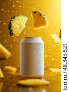 Refreshing blank drink can with water droplets, flying pineapple slices in splash motion on bright yellow background, tropical citrus beverage concept with vivid summer fruit and vibrant composition. Стоковое AI-изображение, AI-художник Сергей Тимофеев / Фотобанк Лори