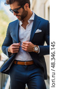 Elegant businessman buttoning his suit jacket outdoors. Стоковое AI-изображение, AI-художник Юрий Поздников / Фотобанк Лори