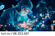 Medical Operation: A surgeon focused on a delicate procedure under bright lights. Стоковое AI-изображение, AI-художник Данила Большаков / Фотобанк Лори