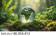 Globe is sitting on a patch of moss in a forest. Стоковое AI-видео, аниматор Sergey Grishin / Фотобанк Лори
