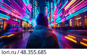 Night Wanderer: Person Walks into Blurring Neon Lightscape. Стоковое AI-изображение, AI-художник Данила Большаков / Фотобанк Лори