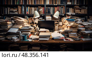 untidy disorganized desk ai generated. Стоковое AI-изображение, AI-художник Vectorwin / Фотобанк Лори