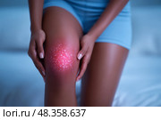 Knee pain, joint inflammation, bone fracture, woman suffering from osteoarthritis, leg injury. Стоковое AI-изображение, AI-художник Станислав Тарко / Фотобанк Лори