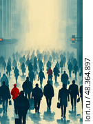 A large crowd of commuters moves through a foggy city street during rush hour, with one person in red standing out against the sea of dark figures. Стоковое AI-изображение, AI-художник Данила Большаков / Фотобанк Лори