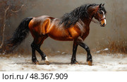 The brown horse strides elegantly across the snow-covered ground, showcasing its beauty in a peaceful winter environment. Стоковое AI-изображение, AI-художник Данила Большаков / Фотобанк Лори