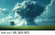 A massive mushroom cloud rises dramatically against a backdrop of lush green fields and a bright blue sky during a serene afternoon. Стоковое AI-изображение, AI-художник Данила Большаков / Фотобанк Лори